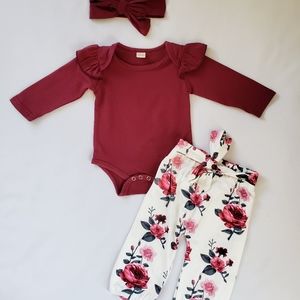 Boutique Girls 3pc Floral Onsie With Pant and Bow